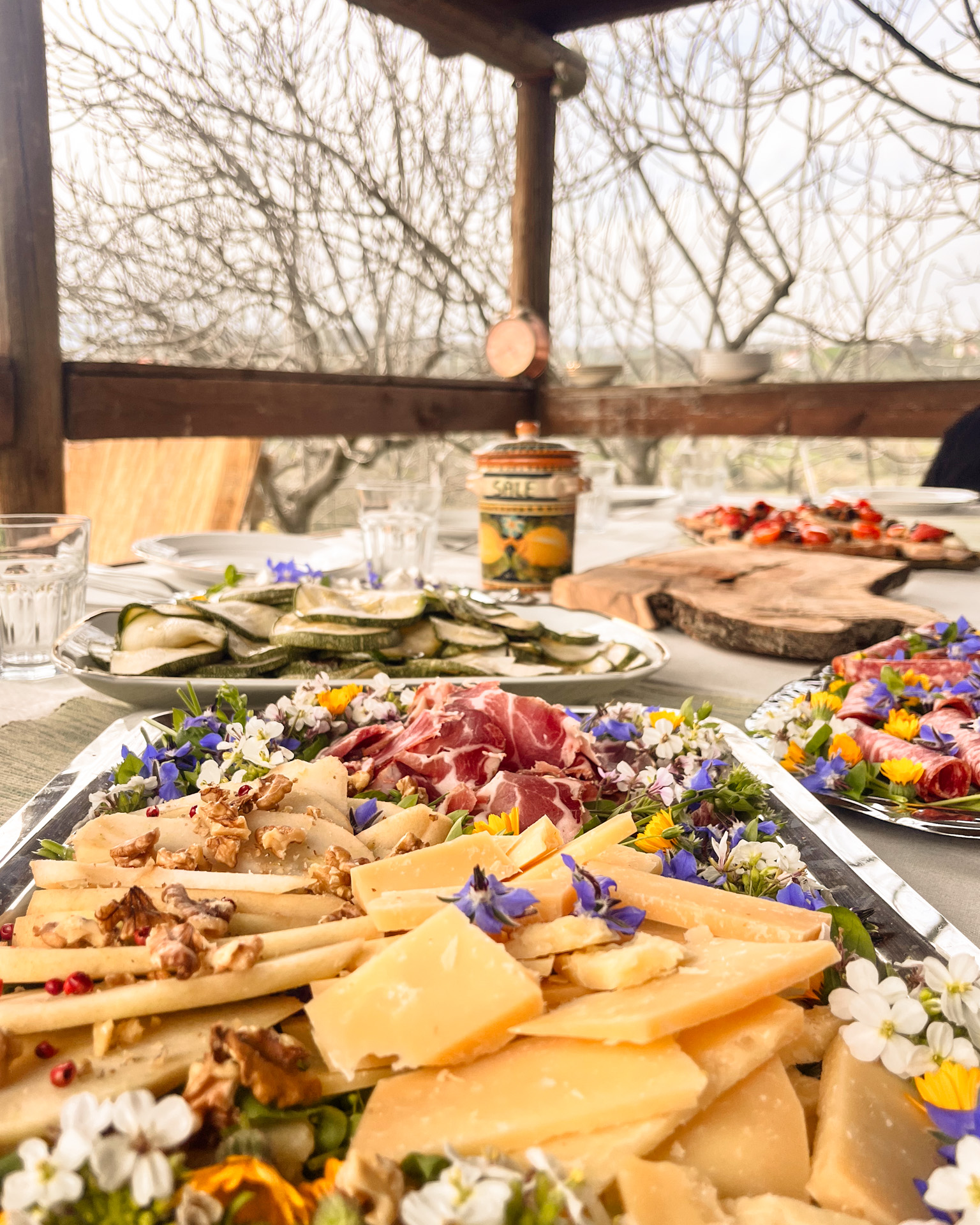 Food spread on a table with landscape view