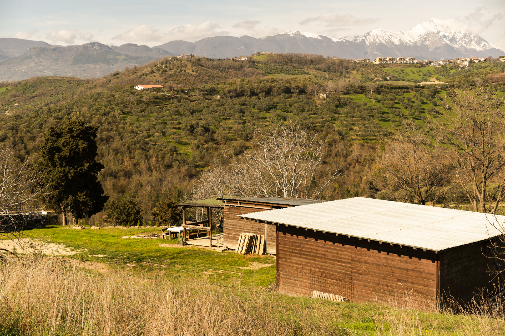 Shelter structure on the hillside at Sentieri